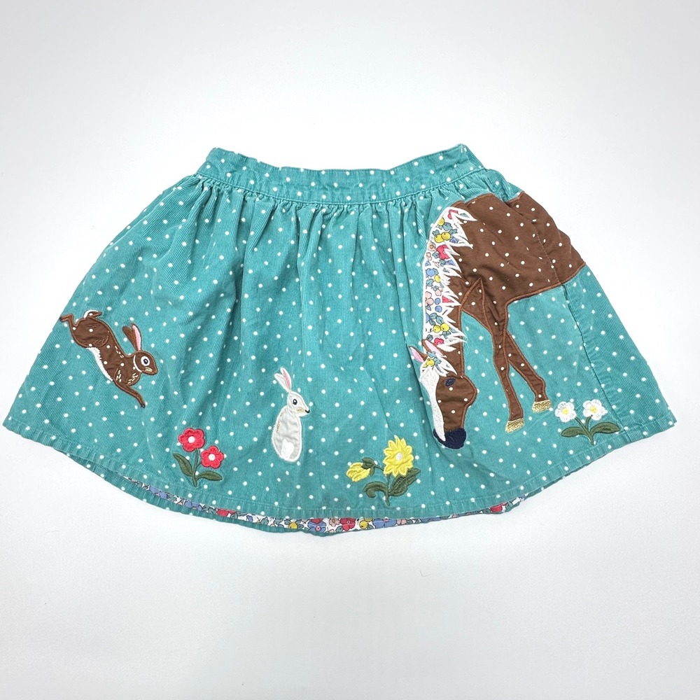 Mini Boden Girls Teal Corduroy Polka Dot Horse Bunny Embroidered Skirt 7-8Y